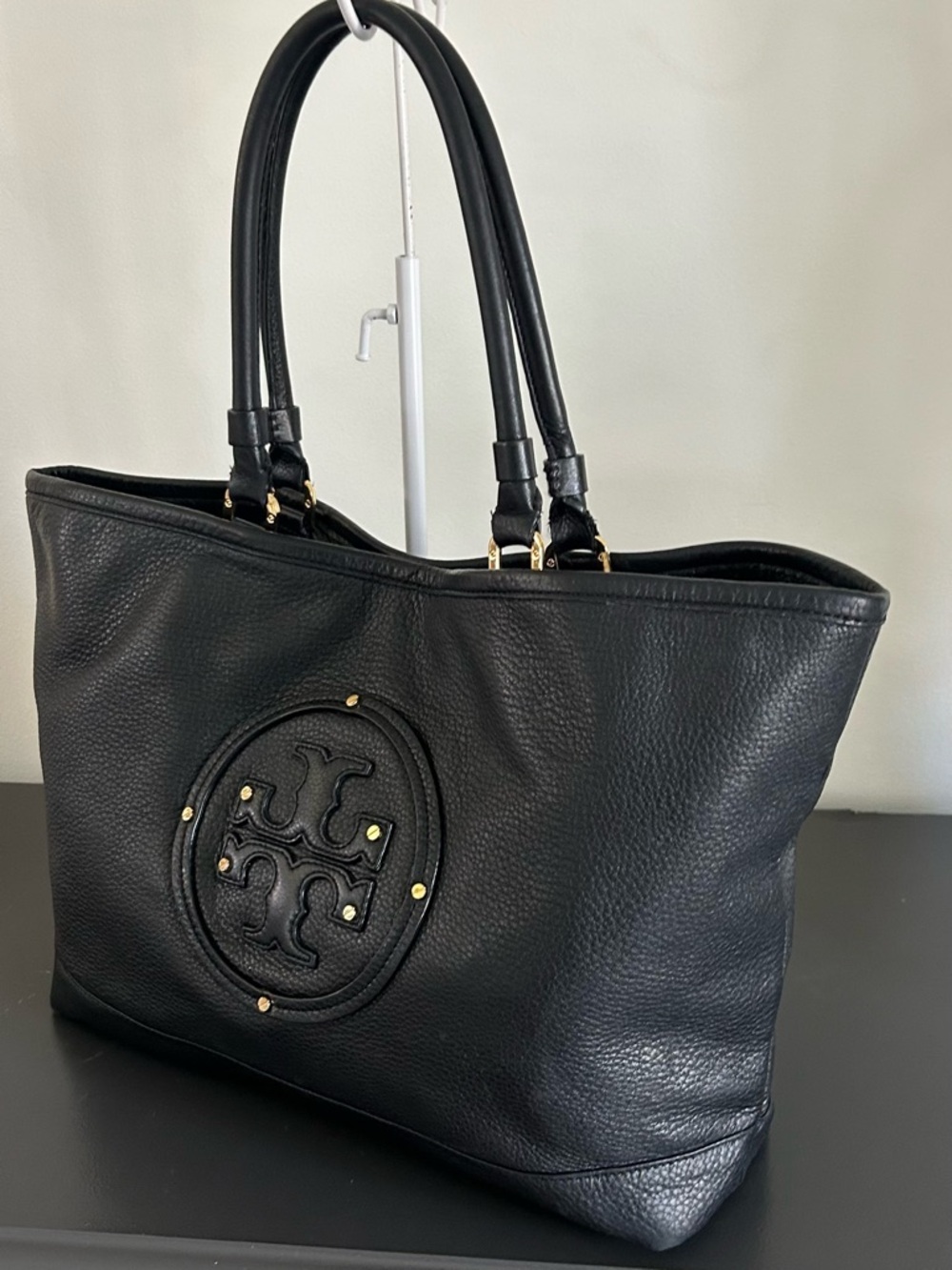 Tory Burch Black Pebbled Leather Tote Bag Large Shoulder Bag Gold Hardware - Picture 7 of 12